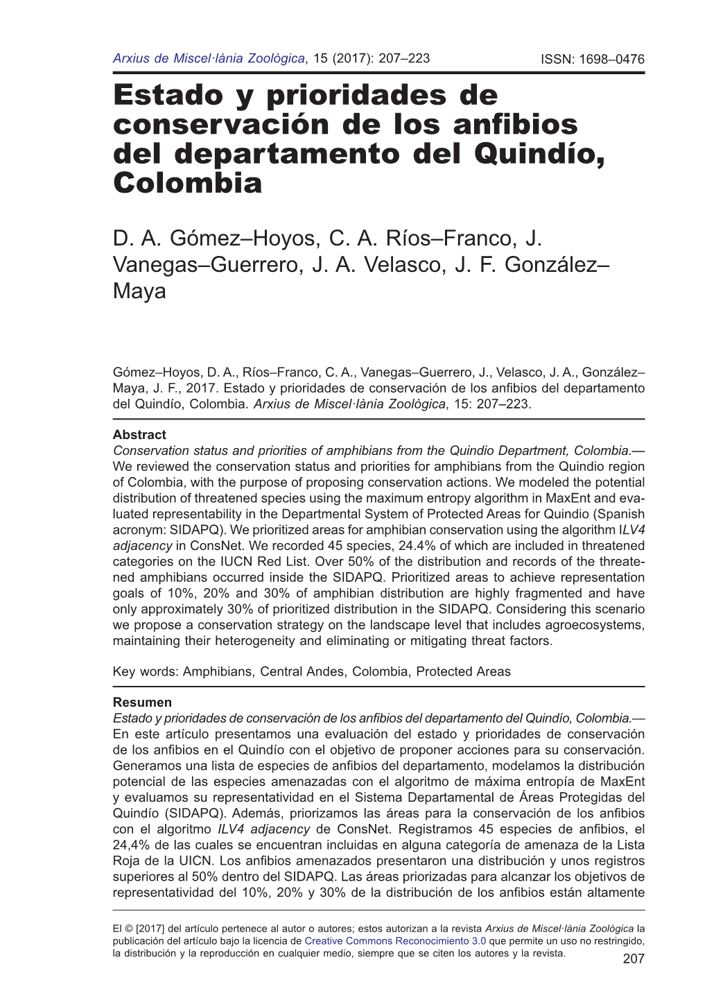 Estado Y Prioridades De Conservación De Los Anfibios Del Departamento