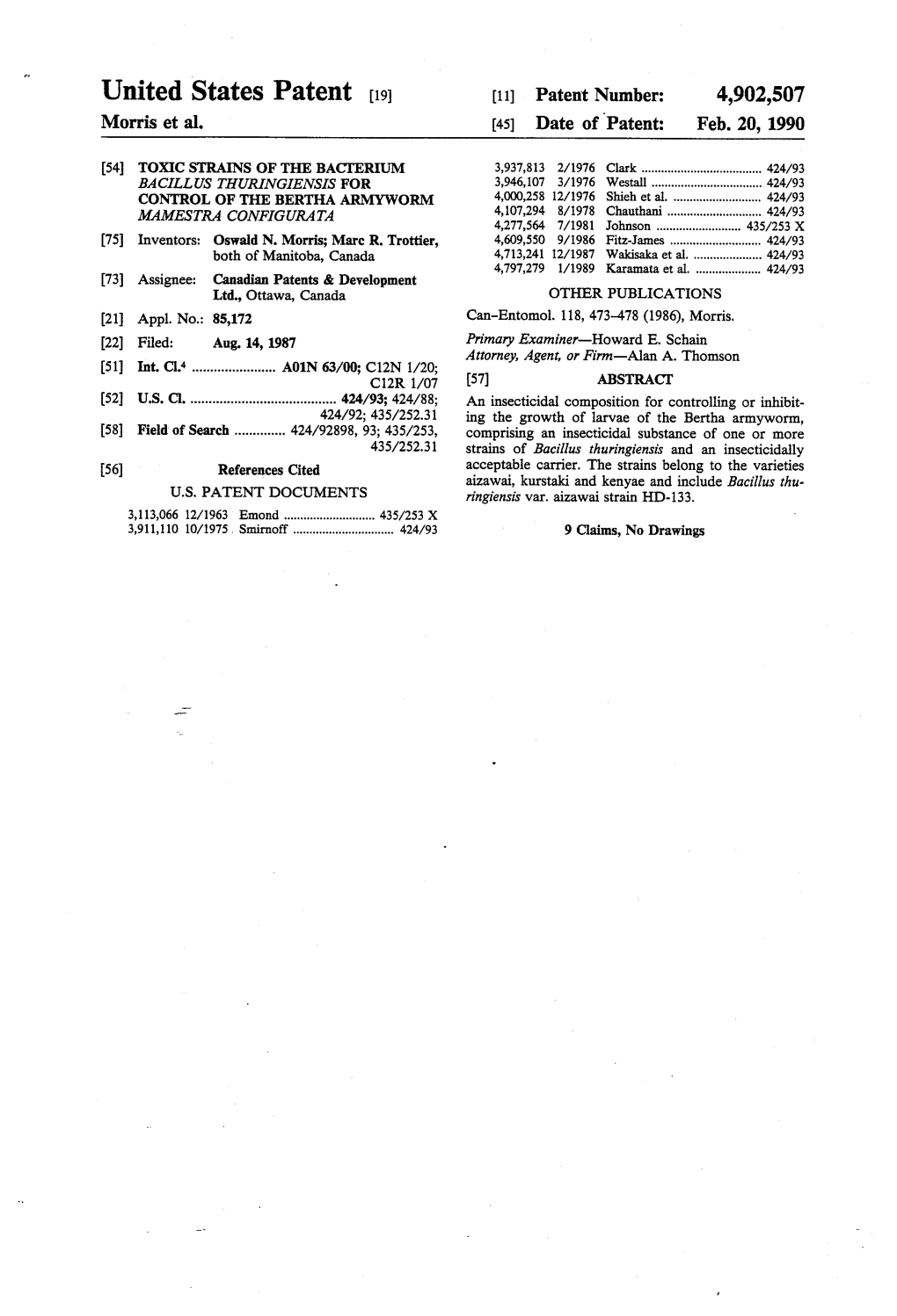 United States Patent (19) 11) Patent Number: 4,902,507 Morris Et Al