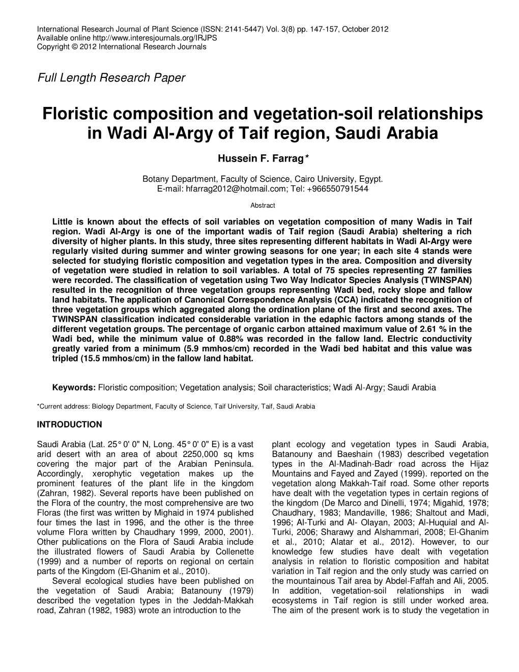 Floristic Composition and Vegetation-Soil Relationships in Wadi Al-Argy of Taif Region, Saudi Arabia