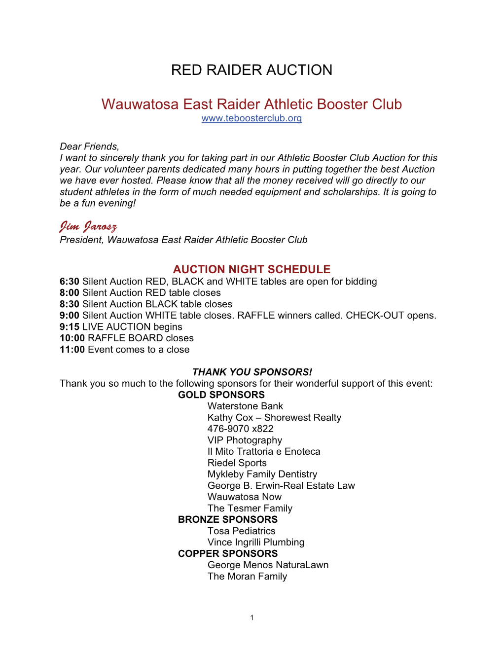 RED RAIDER AUCTION Wauwatosa East Raider Athletic Booster Club
