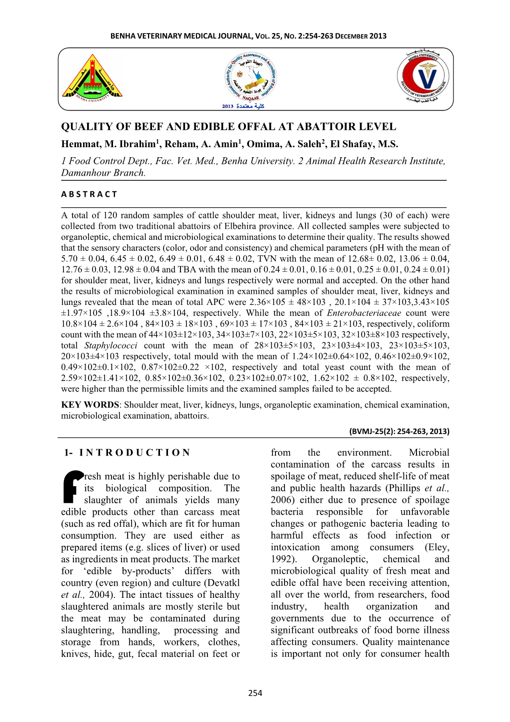 QUALITY of BEEF and EDIBLE OFFAL at ABATTOIR LEVEL Hemmat, M