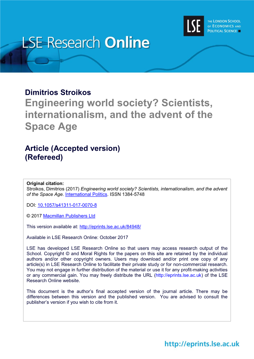 Engineering World Society? Scientists, Internationalism, and the Advent of the Space Age