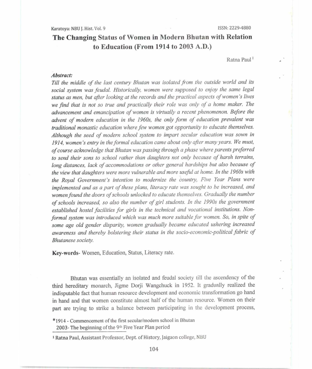 The Changing Status of Women in Modern Bhutan with Relation to Education (From 1914 to 2003 A.D.)