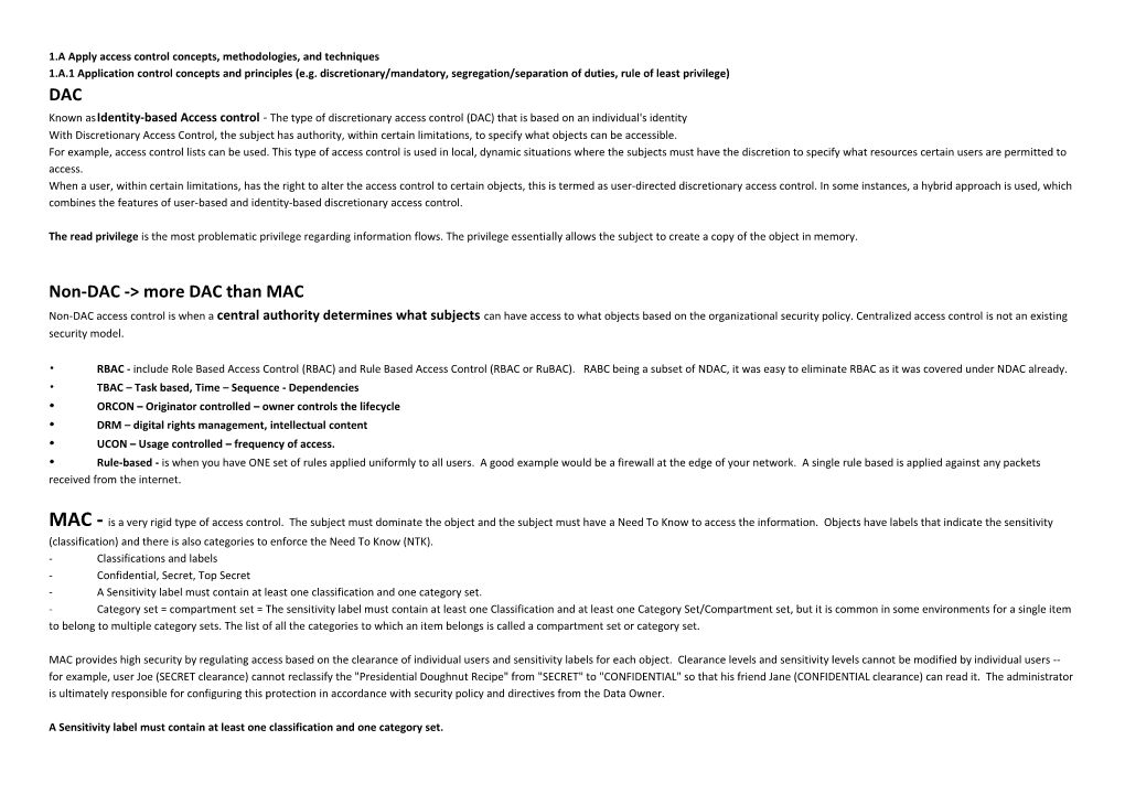 1.A Apply Access Control Concepts, Methodologies, and Techniques