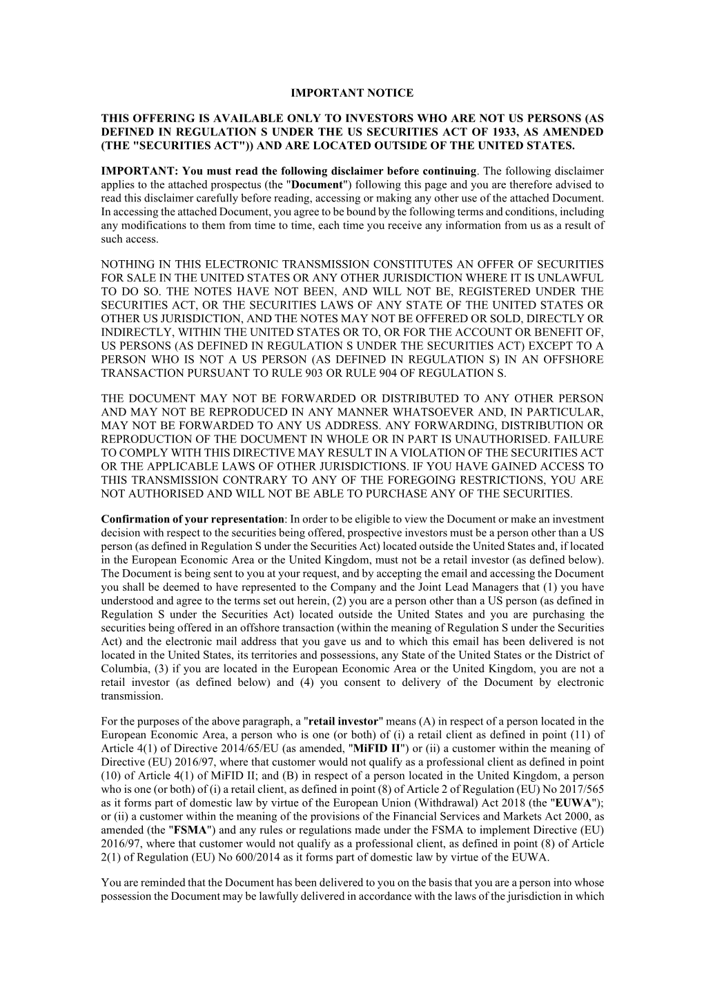 As Defined in Regulation S Under the Us Securities Act of 1933, As Amended (The "Securities Act")) and Are Located Outside of the United States