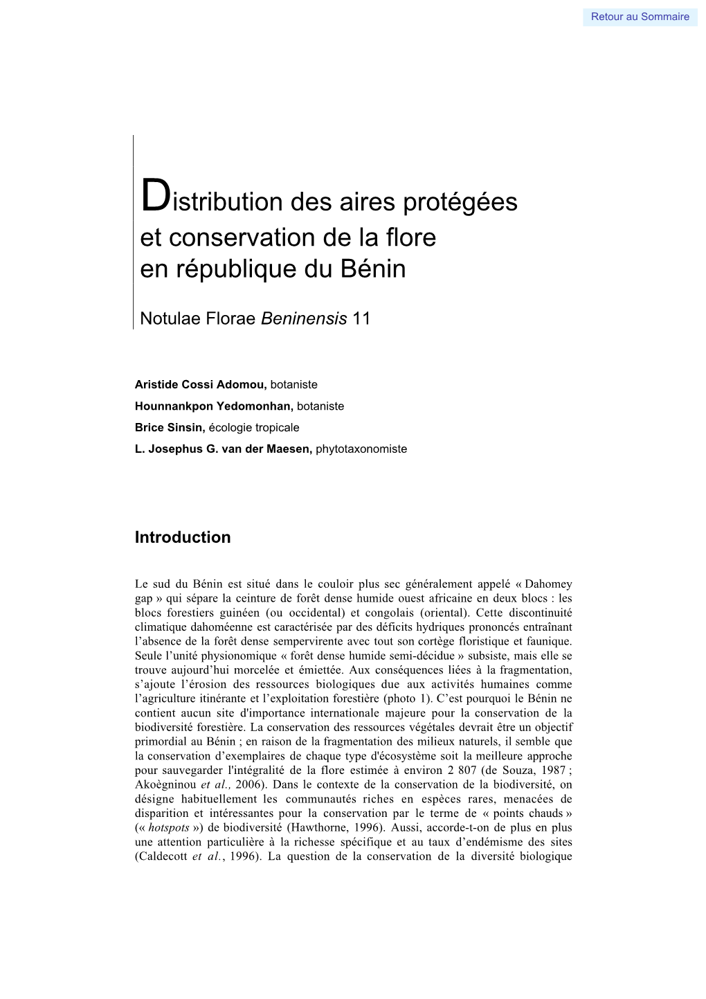 Distribution Des Aires Protégées Et Conservation De La Flore En République Du Bénin