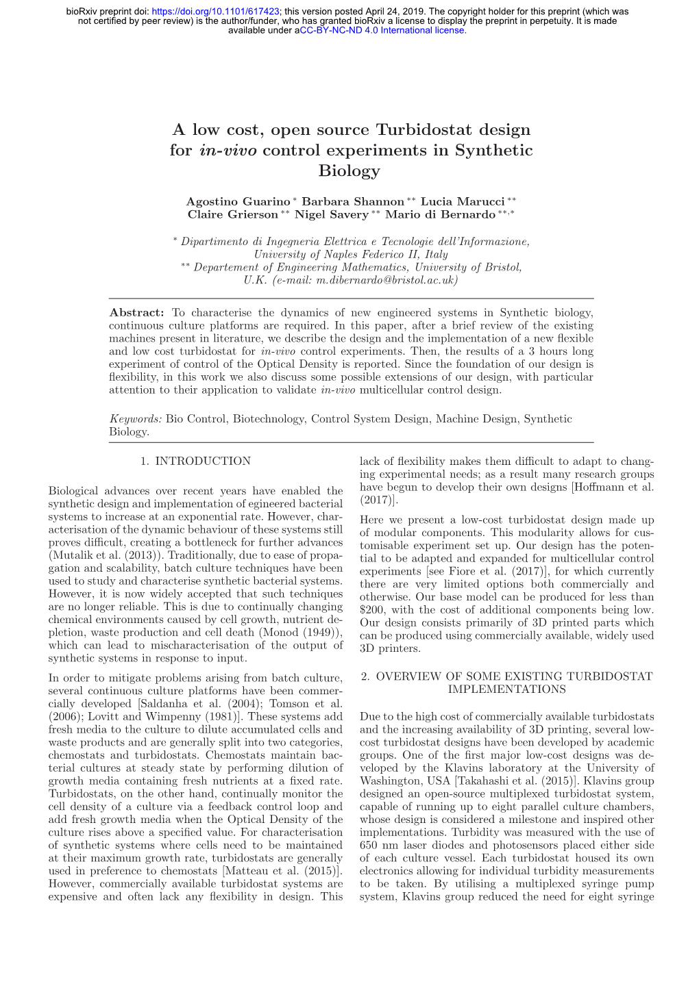 A Low Cost, Open Source Turbidostat Design for In-Vivo Control Experiments in Synthetic Biology