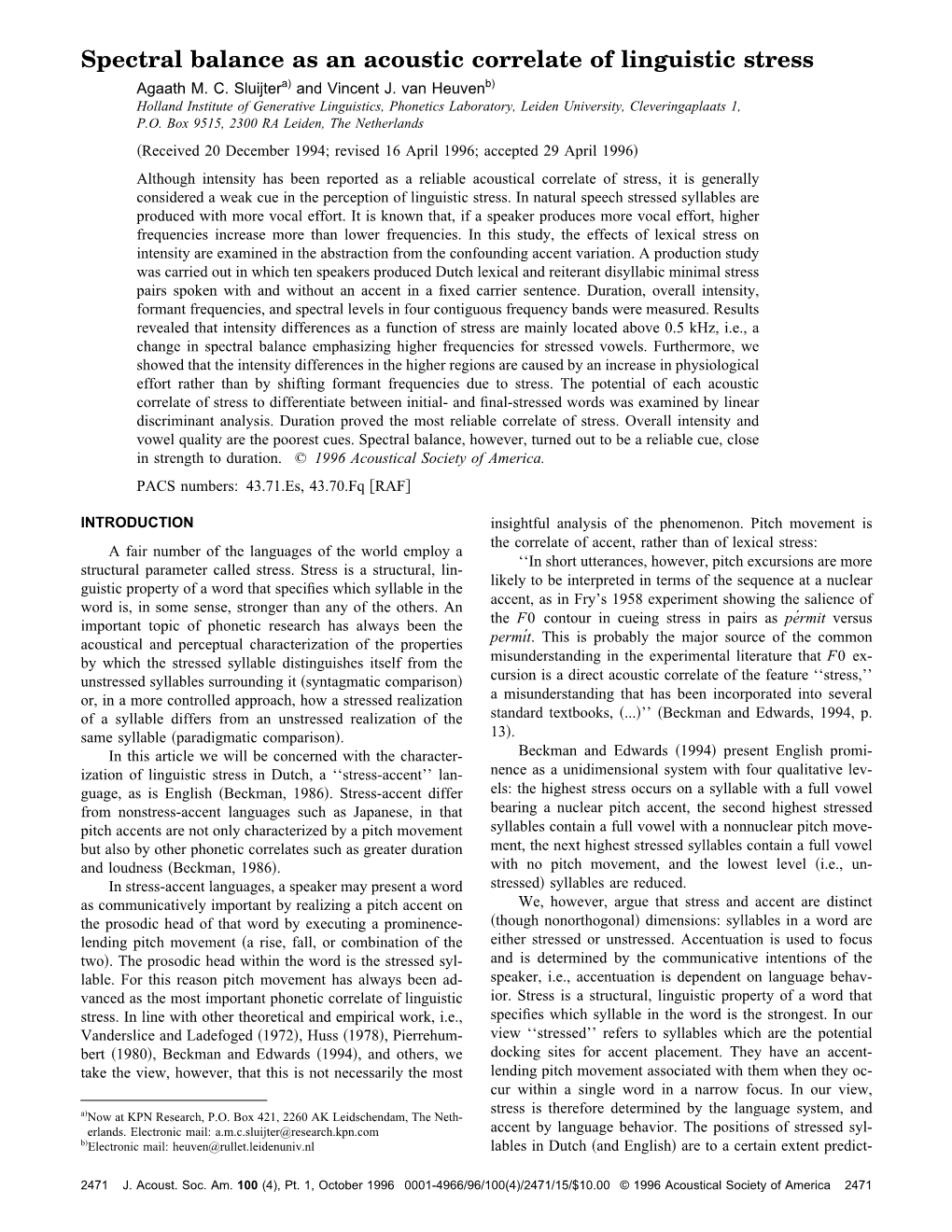 Spectral Balance As an Acoustic Correlate of Linguistic Stress Agaath M