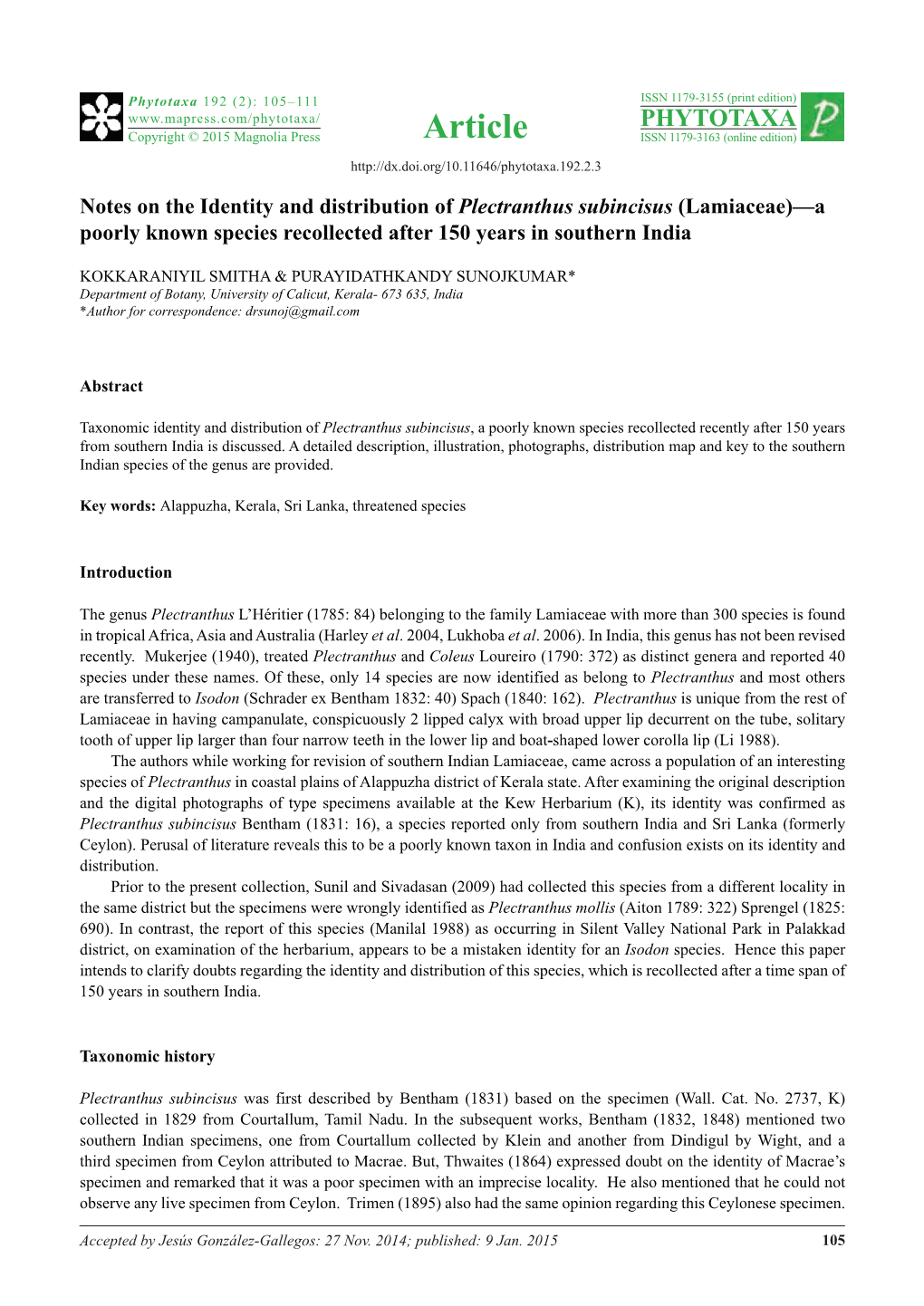 Lamiaceae)—A Poorly Known Species Recollected After 150 Years in Southern India