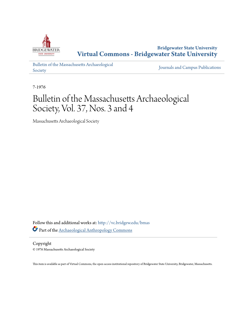 Bulletin of the Massachusetts Archaeological Society, Vol. 37, Nos