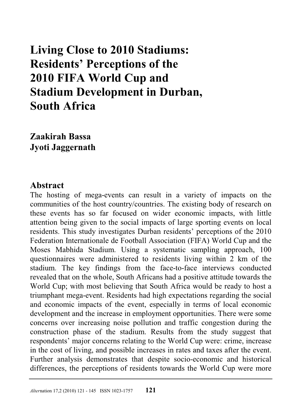 Residents' Perceptions of the 2010 FIFA World Cup and Stadium