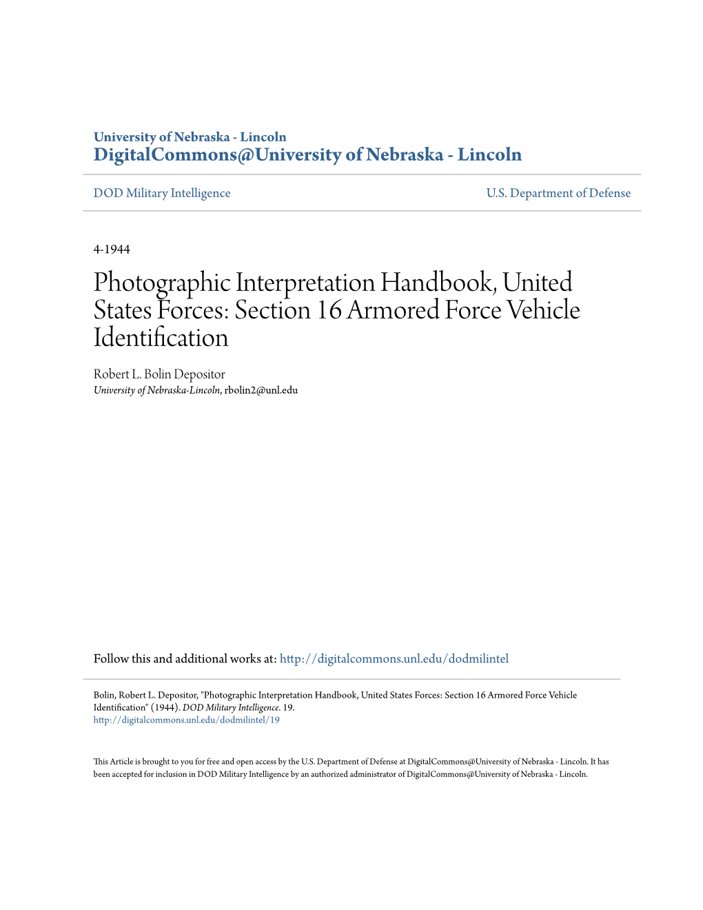 Photographic Interpretation Handbook, United States Forces: Section 16 Armored Force Vehicle Identification Robert L