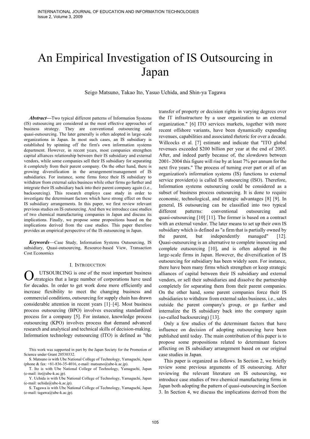 An Empirical Investigation of IS Outsourcing in Japan