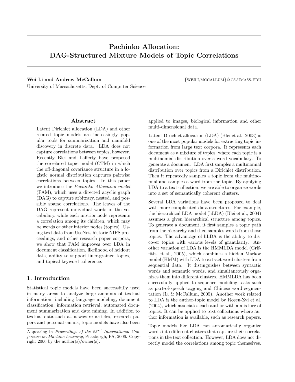 Pachinko Allocation: DAG-Structured Mixture Models of Topic Correlations