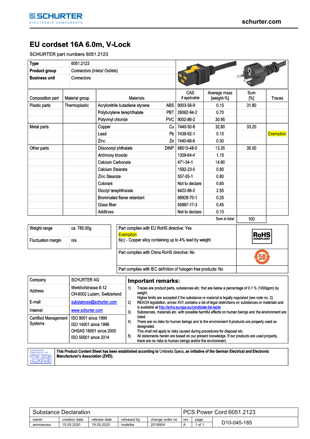 EU Cordset 16A 6.0M, V-Lock EU Cordset 16A 6.0M, V