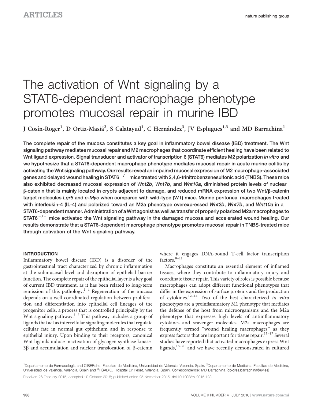The Activation of Wnt Signaling by a STAT6-Dependent Macrophage Phenotype Promotes Mucosal Repair in Murine IBD