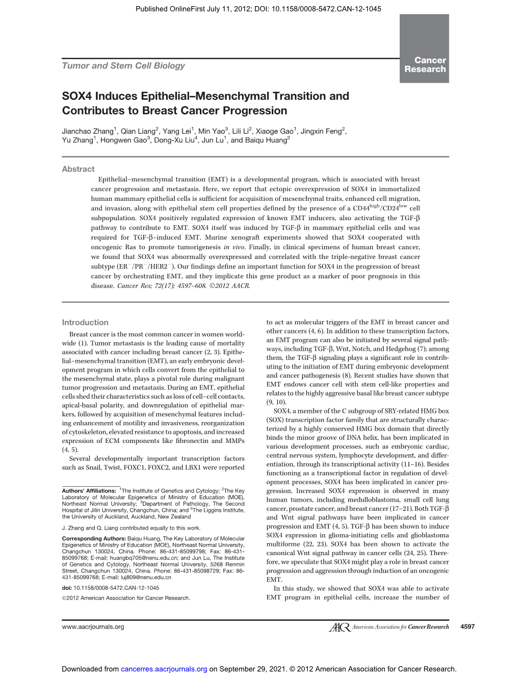 SOX4 Induces Epithelial–Mesenchymal Transition and Contributes to Breast Cancer Progression