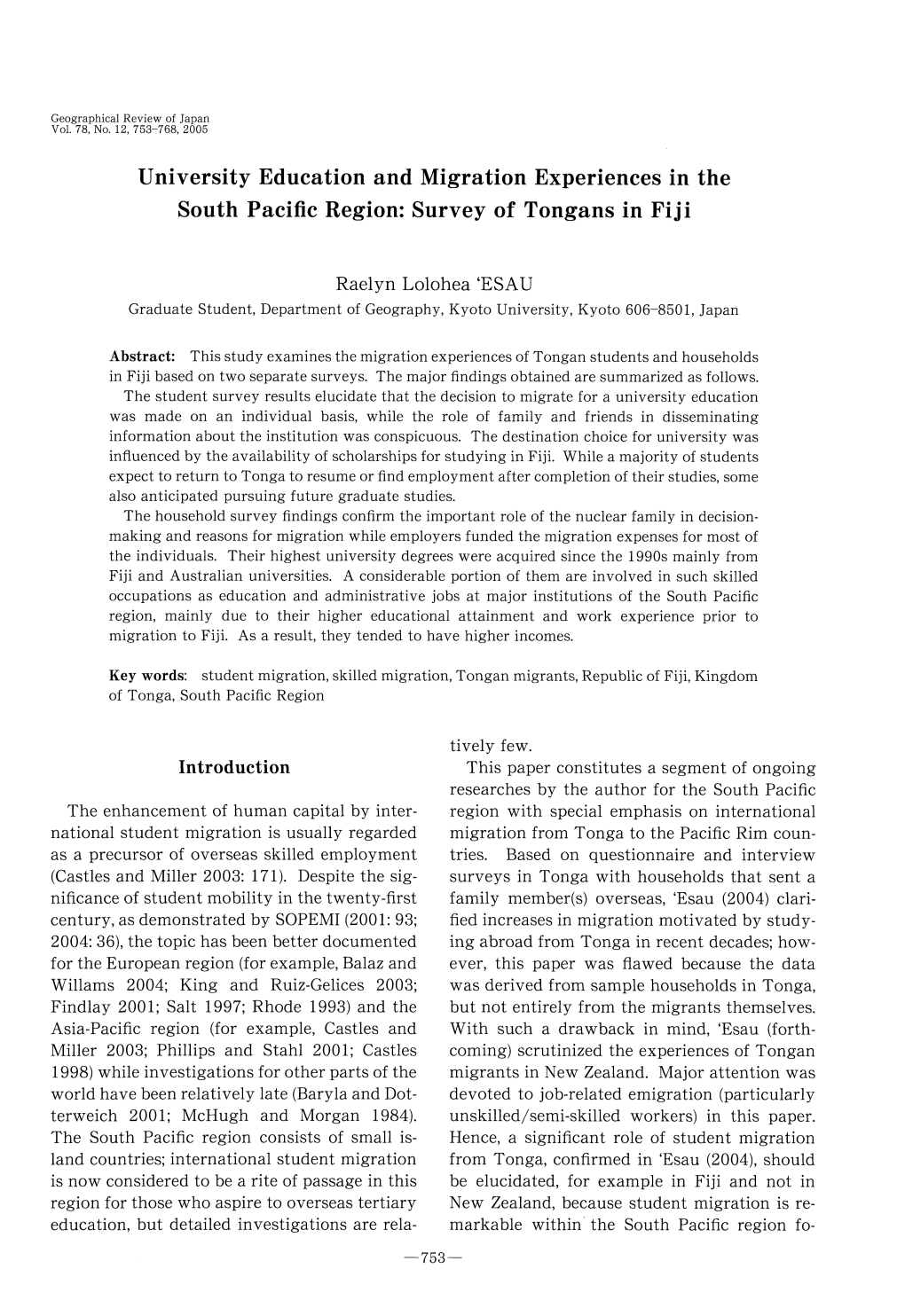 University Education and Migration Experiences in the South Pacific Region: Survey of Tongans in Fiji