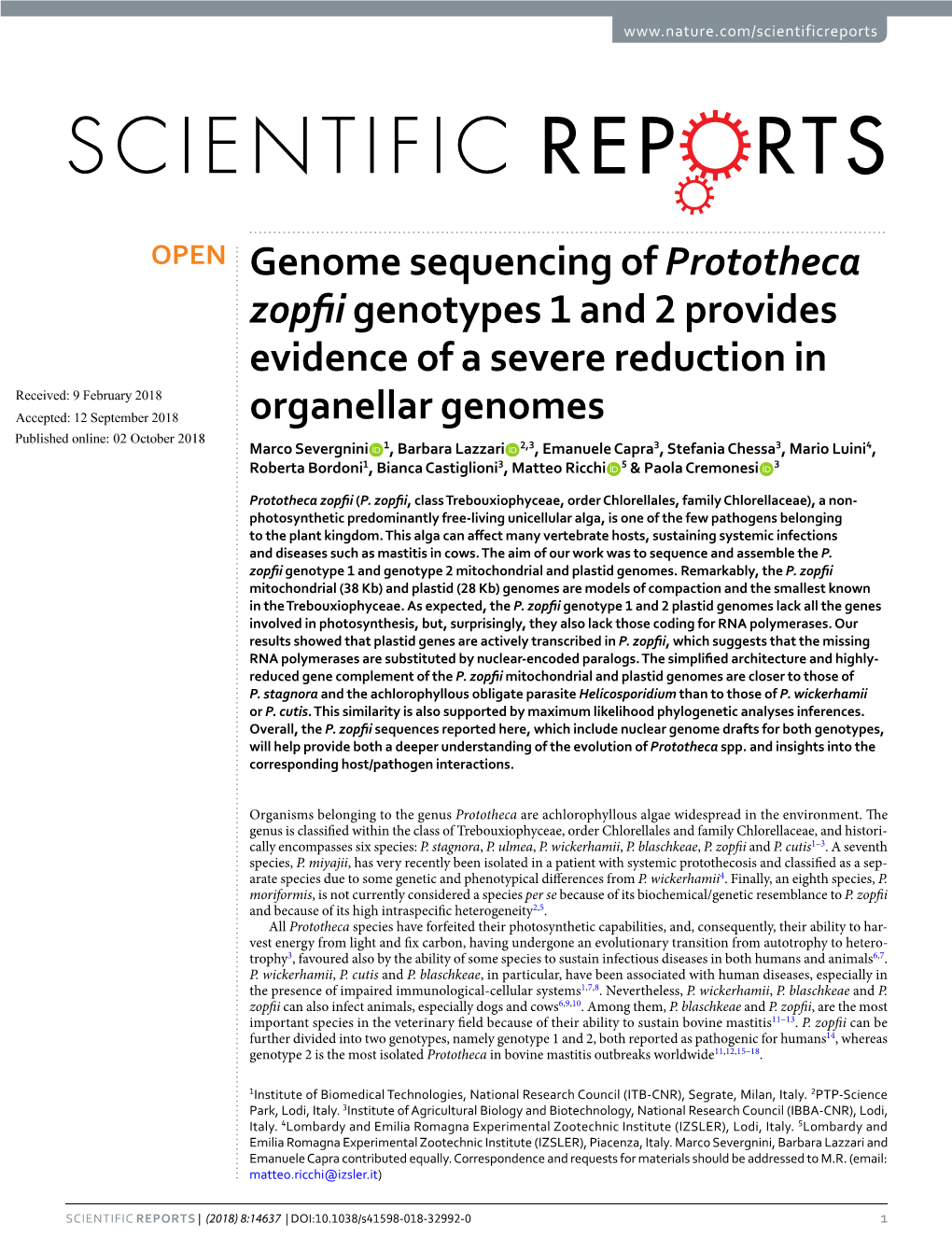 Genome Sequencing of Prototheca Zopfii Genotypes 1 and 2 Provides