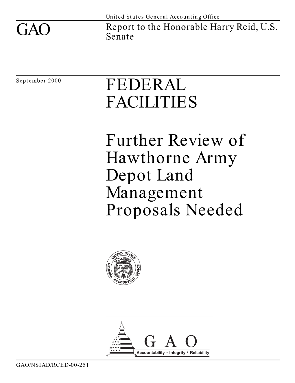 NSIAD/RCED-00-251 Federal Facilities Page 2 GAO/NSIAD/RCED-00-251 Federal Facilities United States General Accounting Office National Security and Washington, D.C