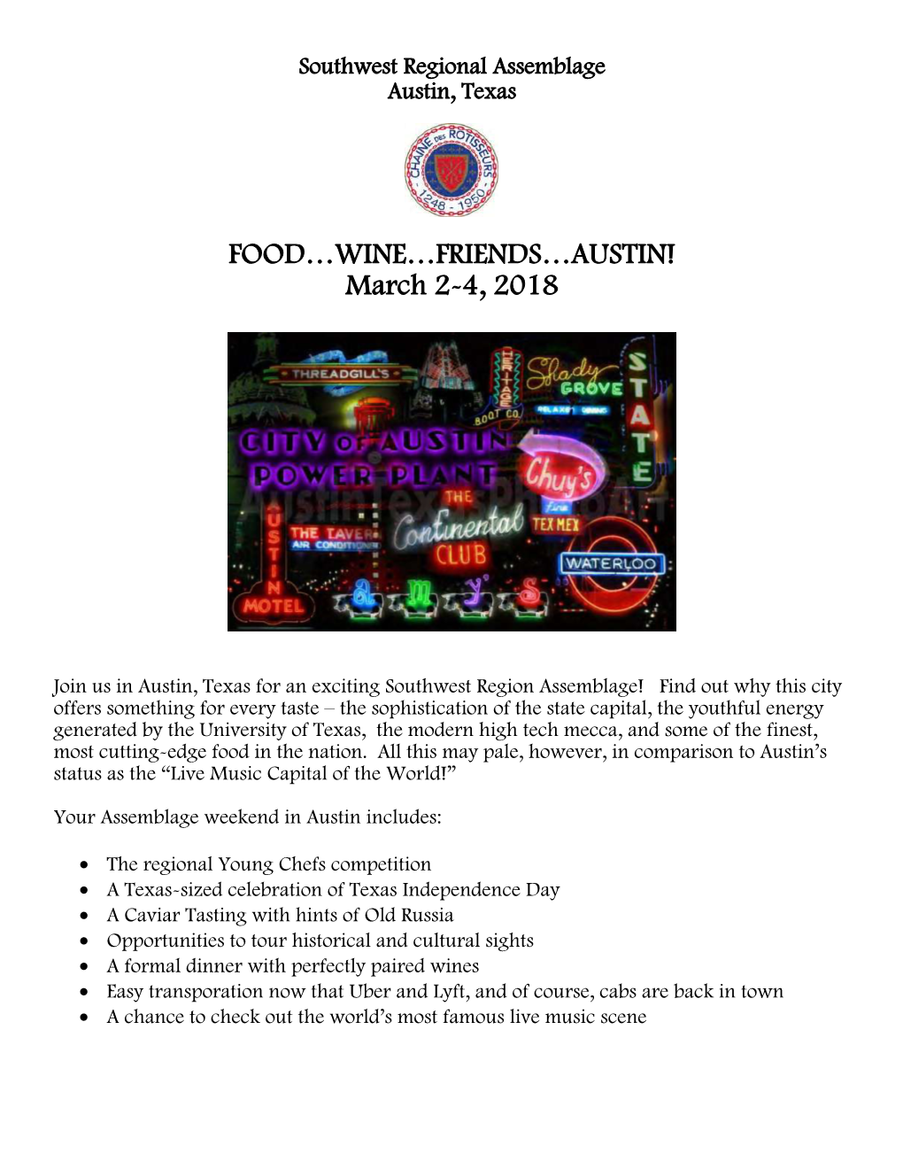 FOOD…WINE…FRIENDS…AUSTIN! March 2-4, 2018