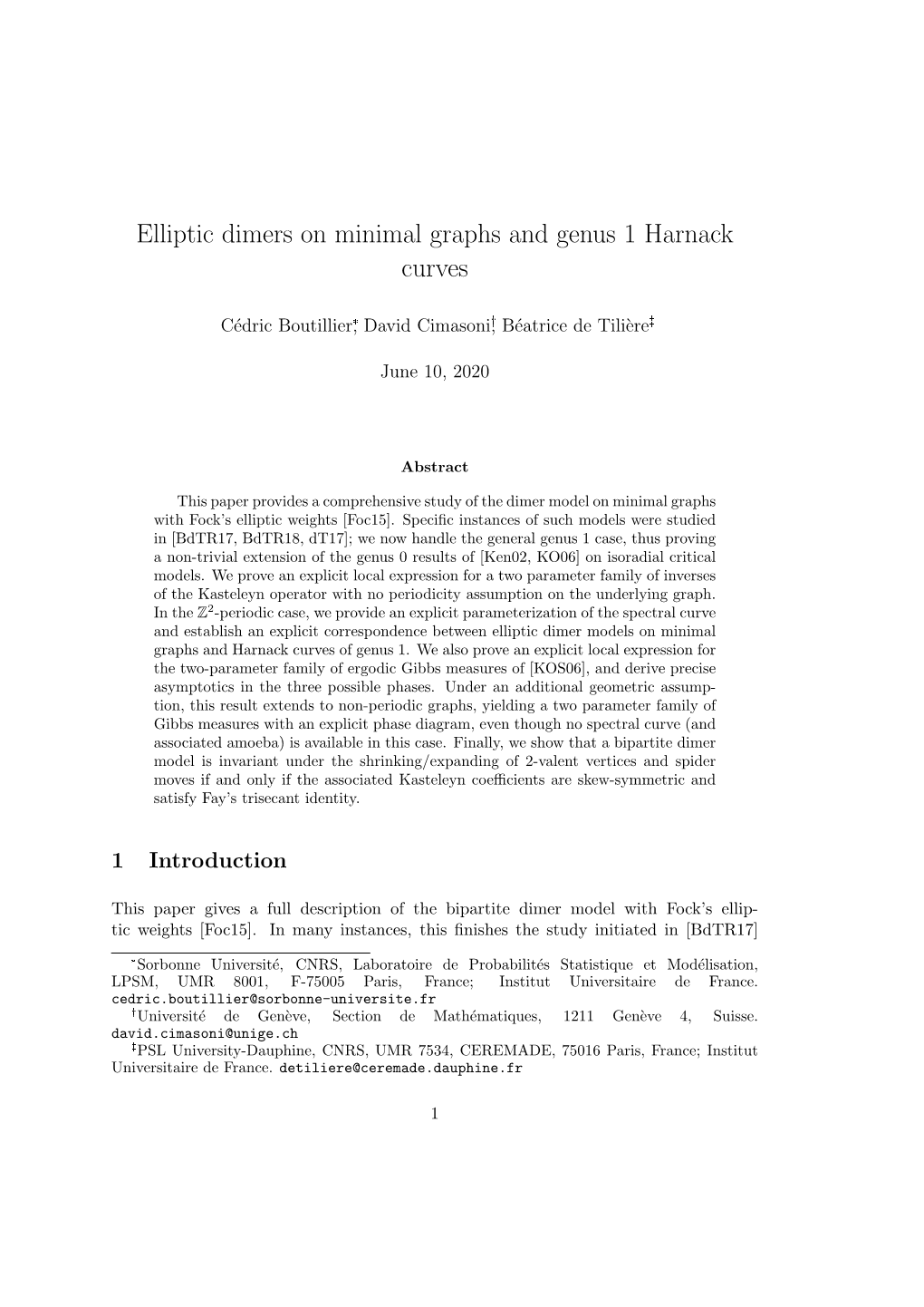 Elliptic Dimers on Minimal Graphs and Genus 1 Harnack Curves