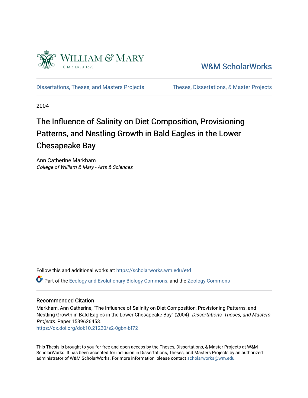 The Influence of Salinity on Diet Composition, Provisioning Patterns, and Nestling Growth in Bald Eagles in the Lower Chesapeake Bay