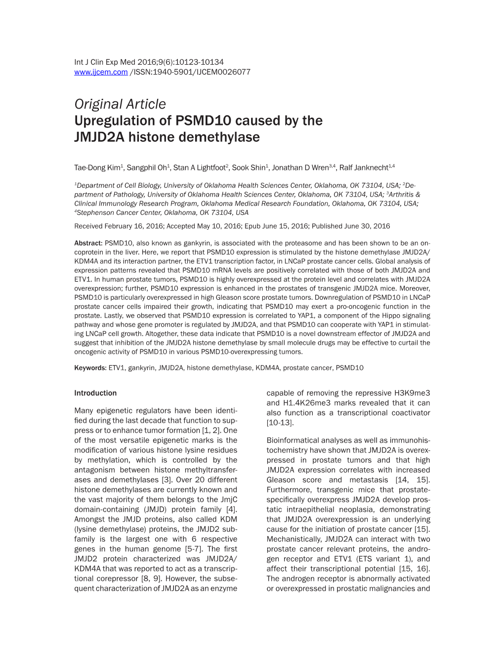 Original Article Upregulation of PSMD10 Caused by the JMJD2A Histone Demethylase