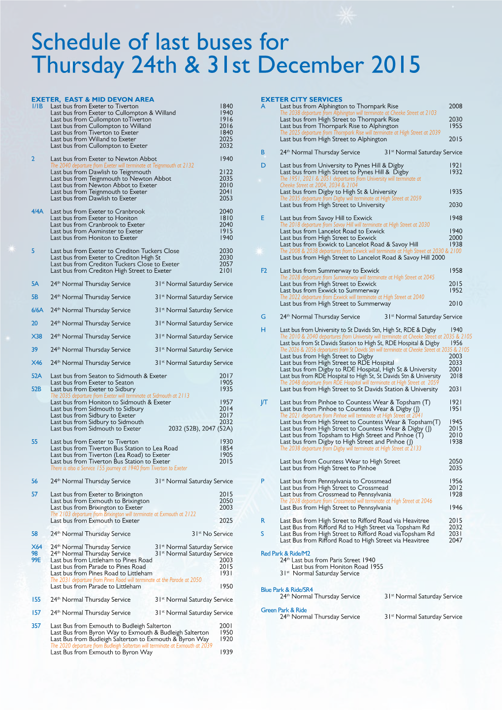 Schedule of Last Buses for Thursday 24Th & 31St December 2015