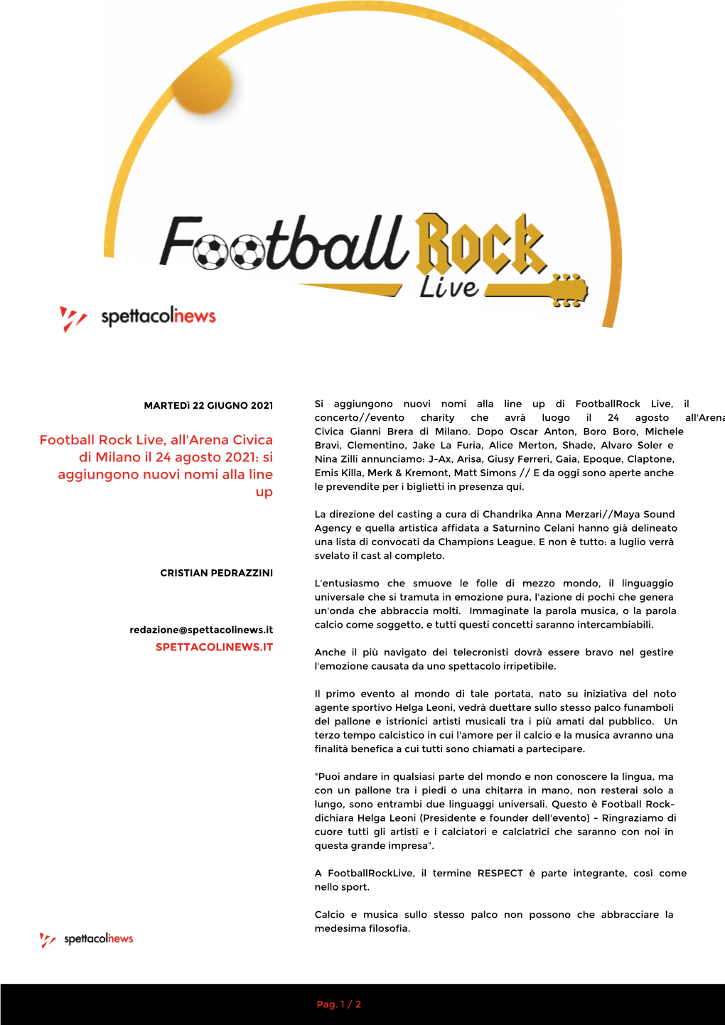 Football Rock Live, All'arena Civica Di Milano Il 24