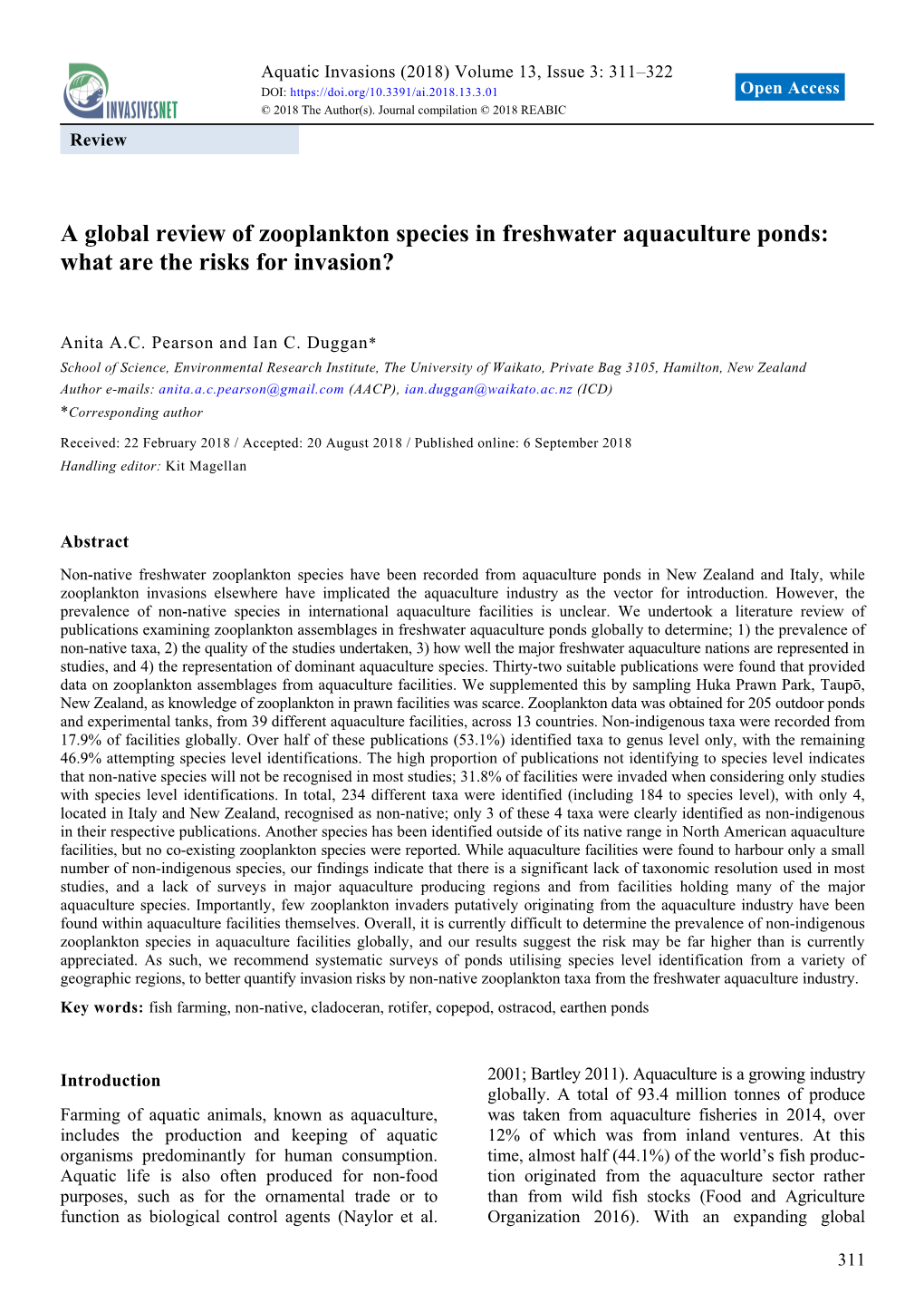 A Global Review of Zooplankton Species in Freshwater Aquaculture Ponds: What Are the Risks for Invasion?