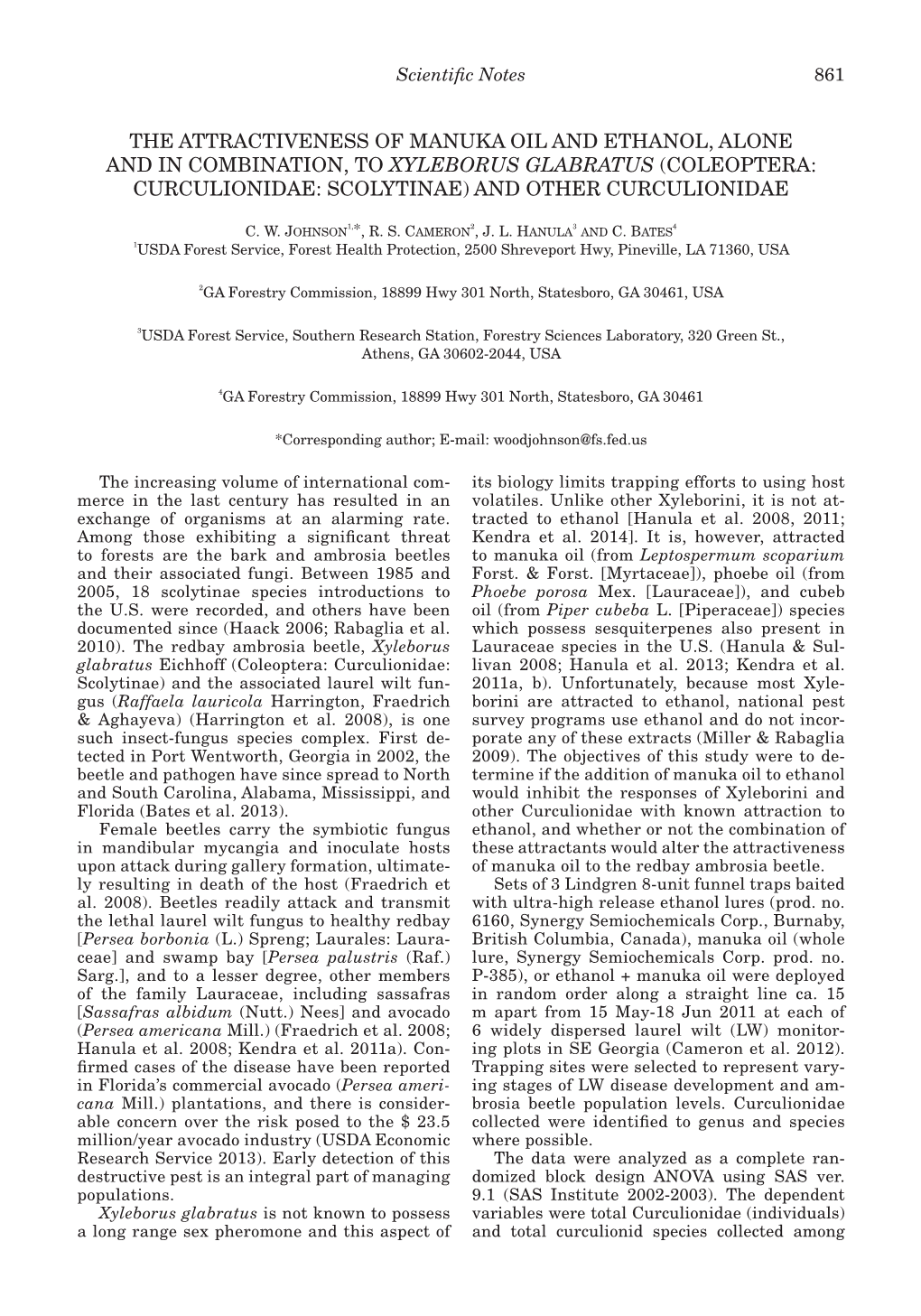 The Attractiveness of Manuka Oil and Ethanol, Alone and in Combination, to Xyleborus Glabratus (Coleoptera: Curculionidae: Scolytinae) and Other Curculionidae