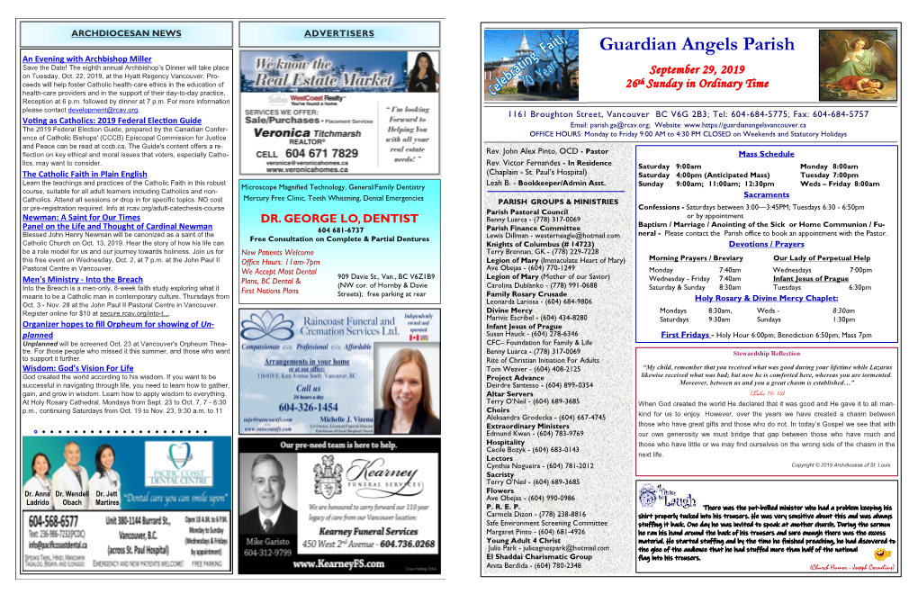 Guardian Angels Parish an Evening with Archbishop Miller Save the Date! the Eighth Annual Archbishop’S Dinner Will Take Place September 29, 2019 on Tuesday, Oct