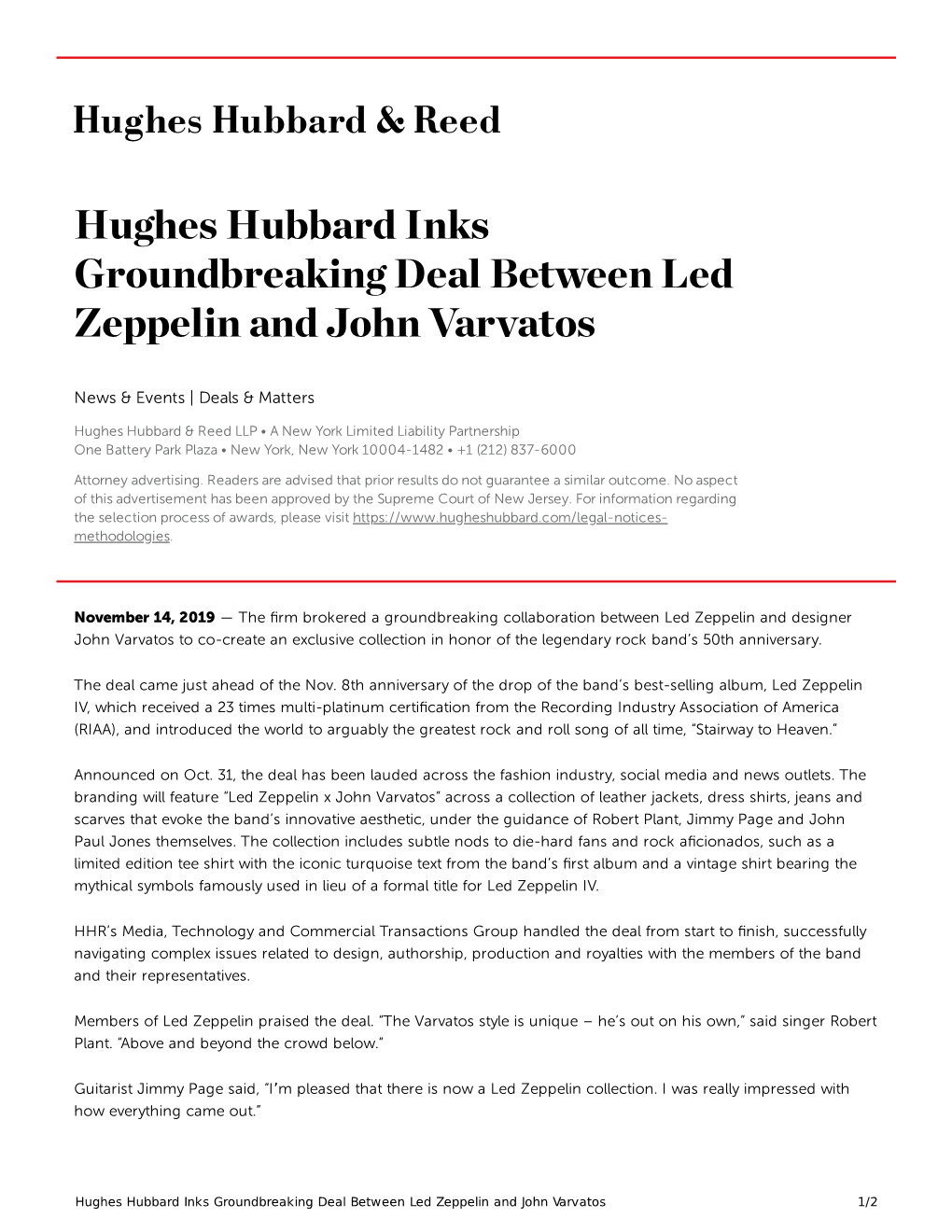 Hughes Hubbard Inks Groundbreaking Deal Between Led Zeppelin and John Varvatos