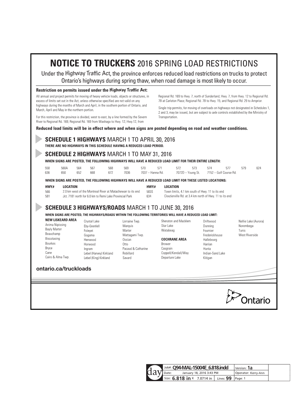 Notice to Truckers 2016 Spring Load Restrictions