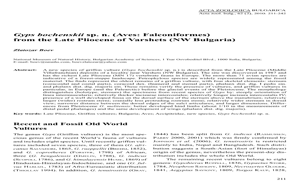 Gyps Bochenskii Sp. N. (Aves: Falconiformes) from the Late Pliocene of Varshets (NW Bulgaria)