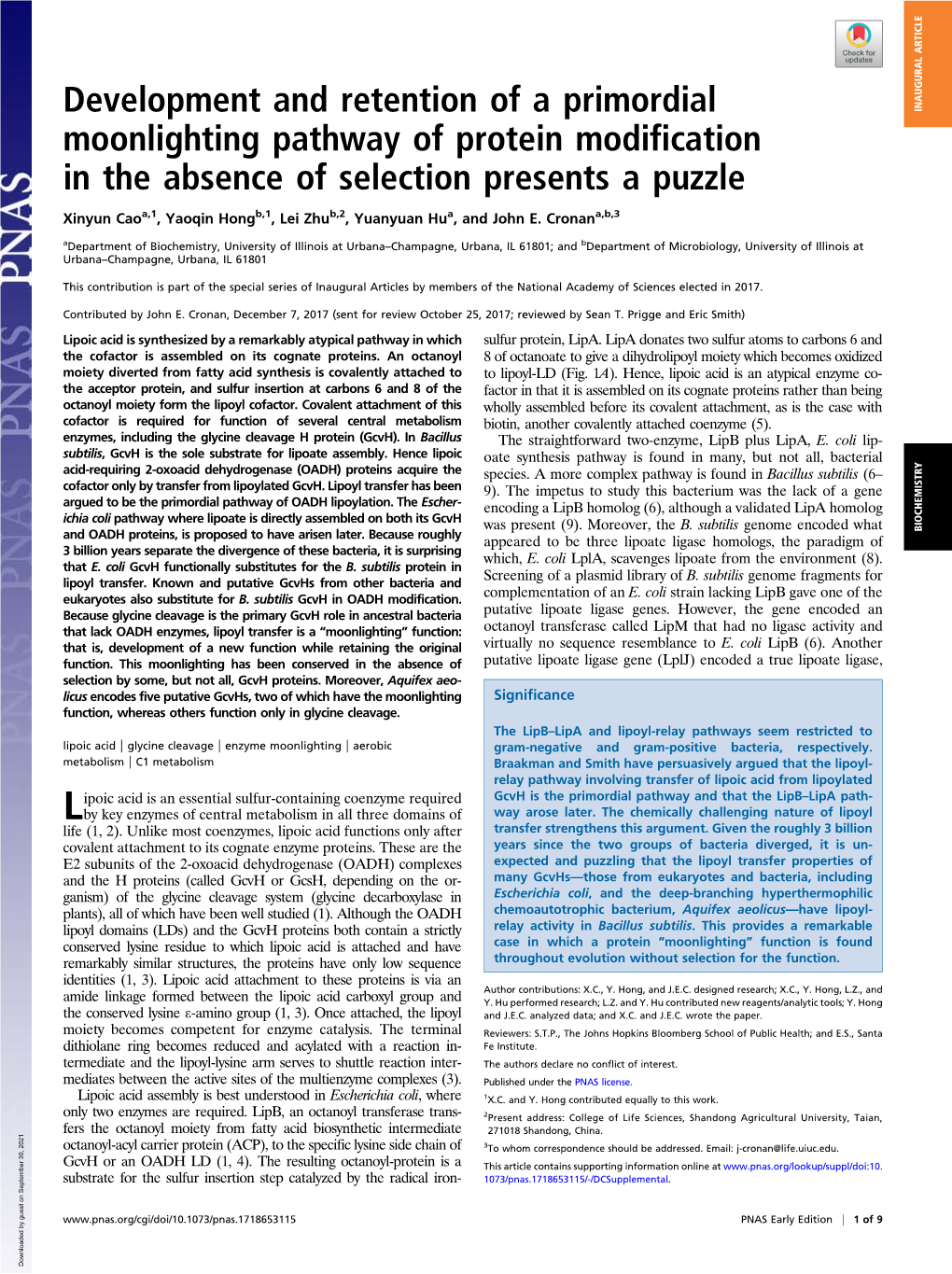 Development and Retention of a Primordial Moonlighting Pathway of Protein Modification in the Absence of Selection Presents a Pu