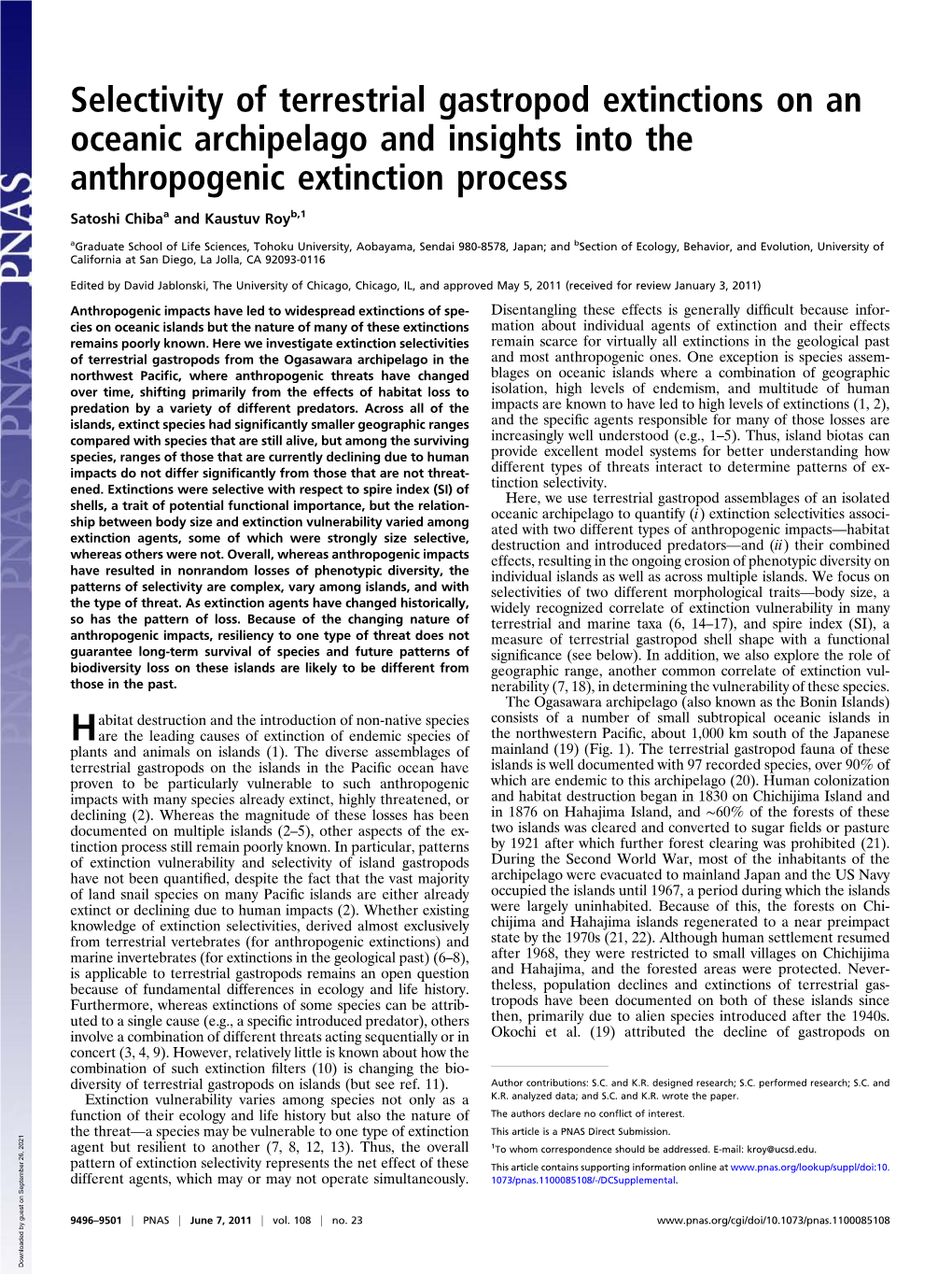 Selectivity of Terrestrial Gastropod Extinctions on an Oceanic Archipelago and Insights Into the Anthropogenic Extinction Process