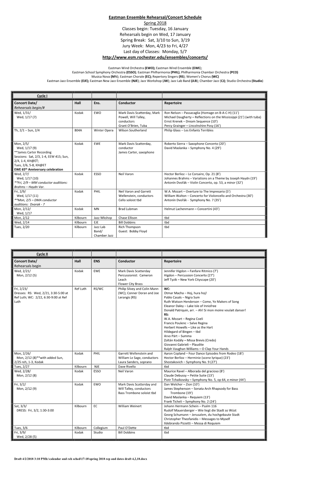 Eastman Ensemble Rehearsal/Concert Schedule Spring 2018