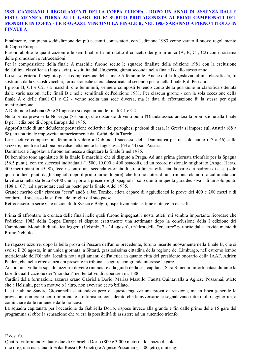 1983: Cambiano I Regolamenti Della Coppa Europa