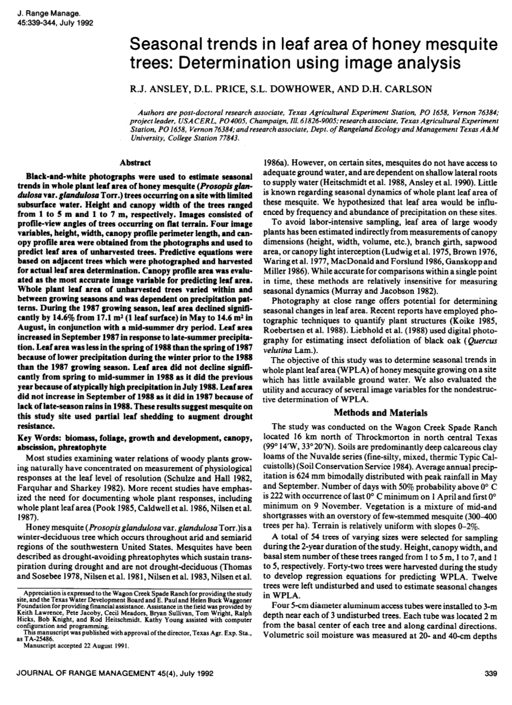 Seasonal Trends in Leaf Area of Honey Mesquite Trees: Determination Using Image Analysis