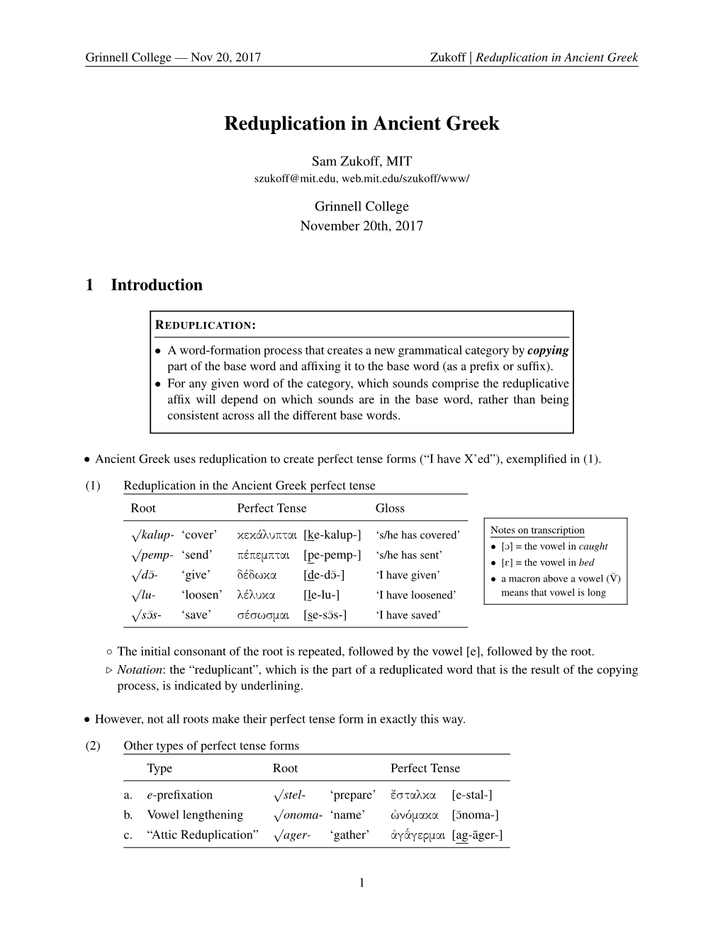 Reduplication in Ancient Greek