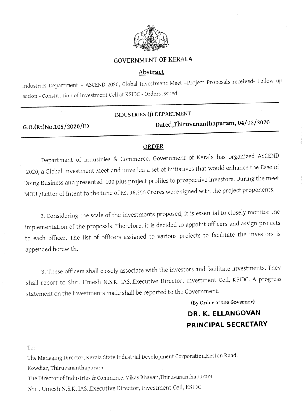 Constitution of Investment Cell at KSIDC