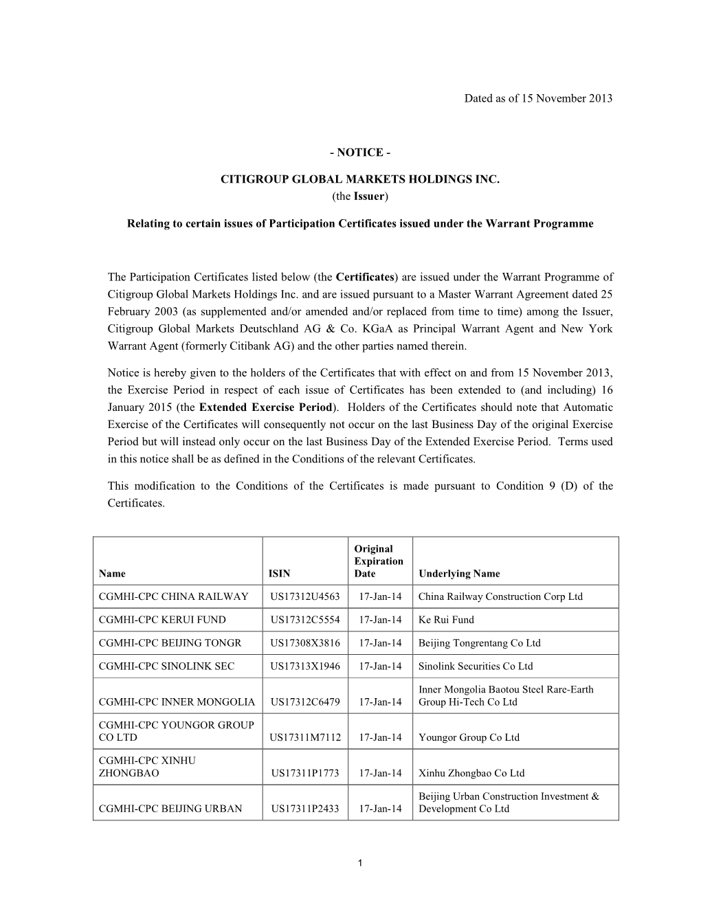 Maturity Extension Notice CGMHI Luxlisted Only Jan Final 20131115