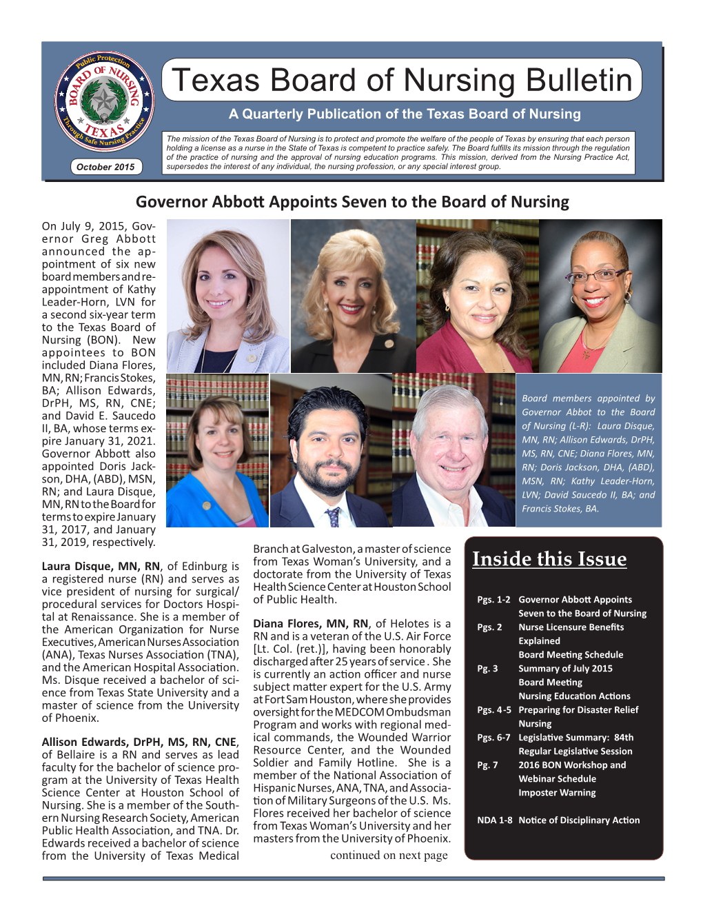 Texas Board of Nursing Bulletin a Quarterly Publication of the Texas Board of Nursing