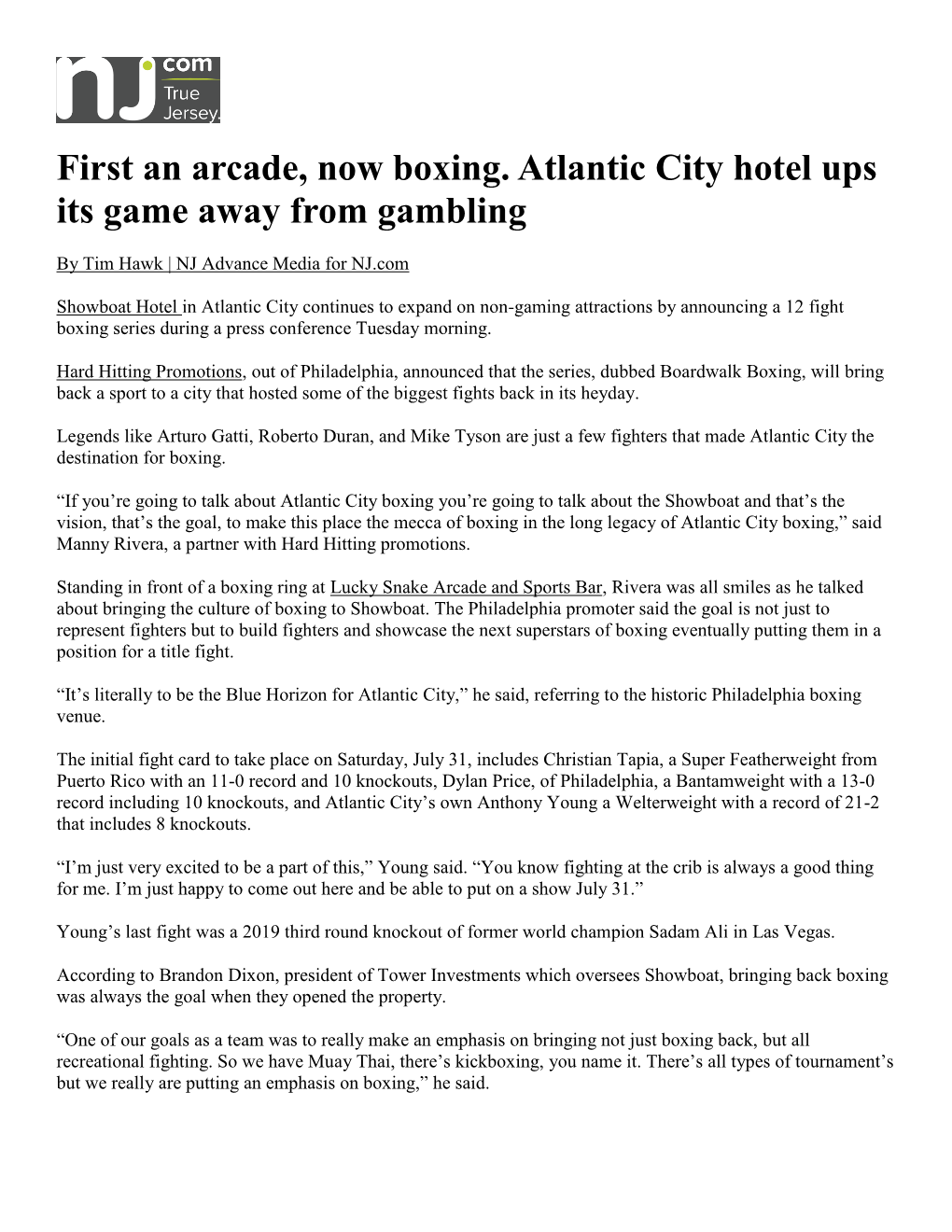 First an Arcade, Now Boxing. Atlantic City Hotel Ups Its Game Away from Gambling