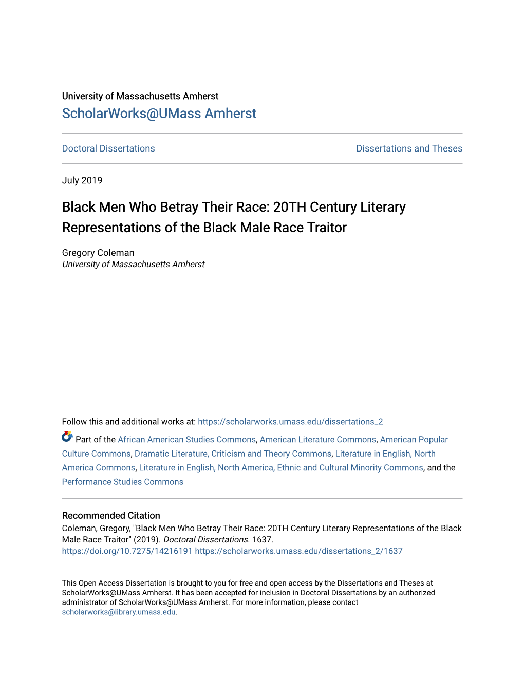 Black Men Who Betray Their Race: 20TH Century Literary Representations of the Black Male Race Traitor