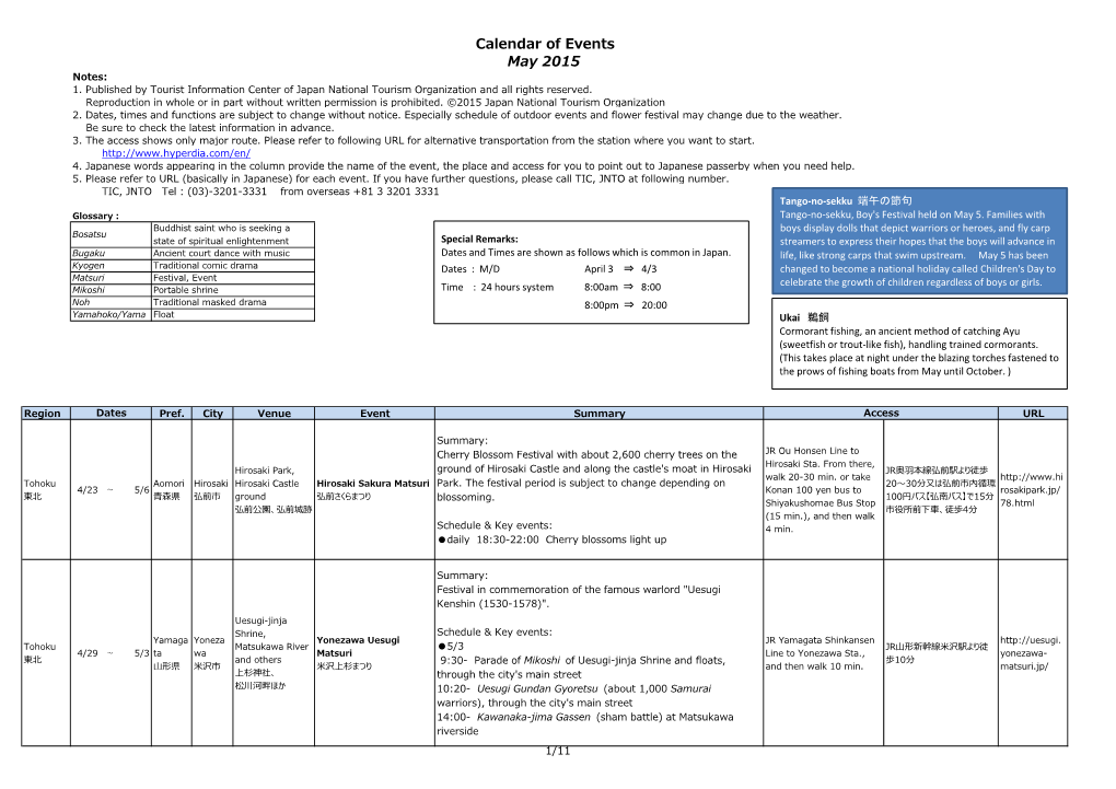 Calendar of Events May 2015 Notes: 1