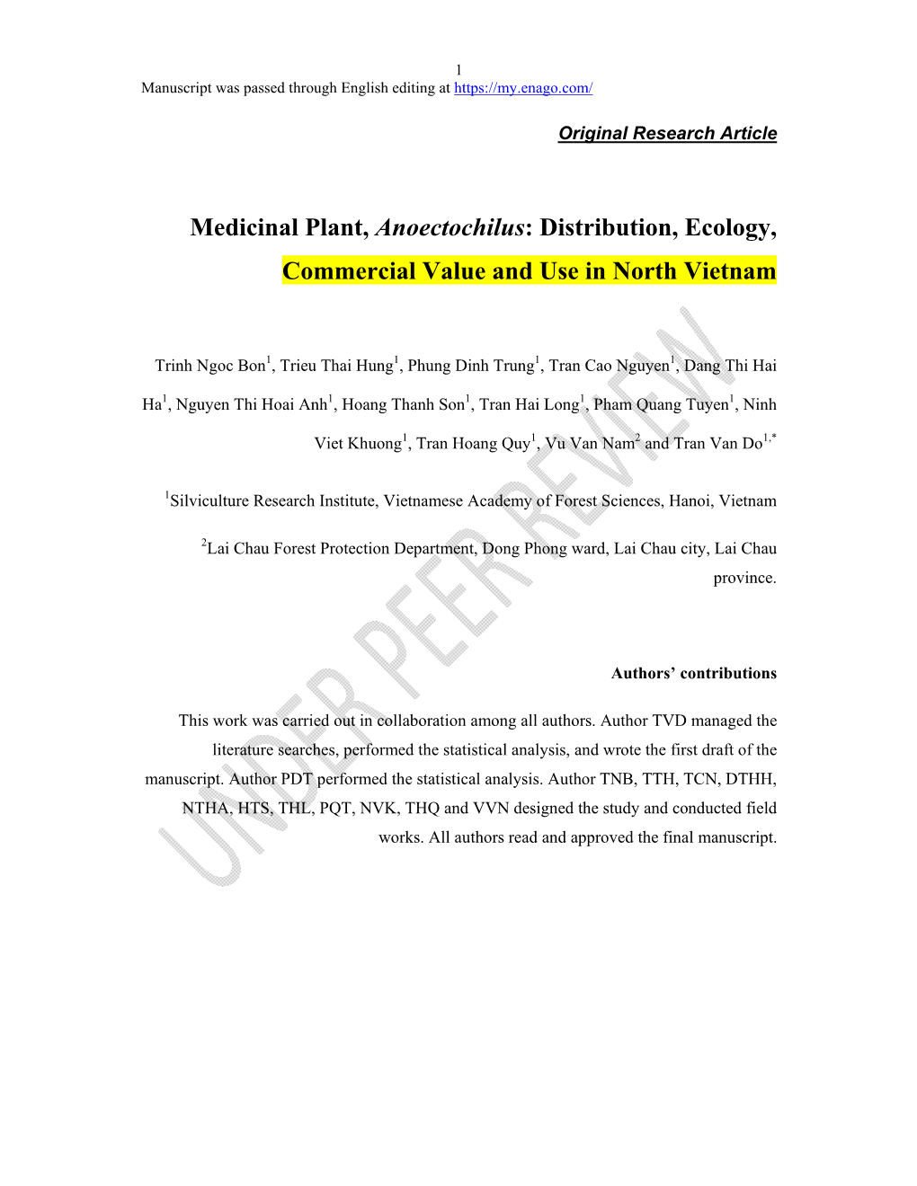 Medicinal Plant, Anoectochilus: Distribution, Ecology, Commercial Value and Use in North Vietnam