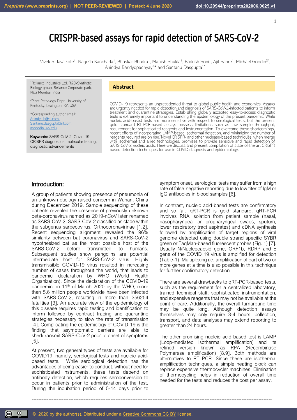 CRISPR-Based Assays for Rapid Detection of SARS-Cov-2